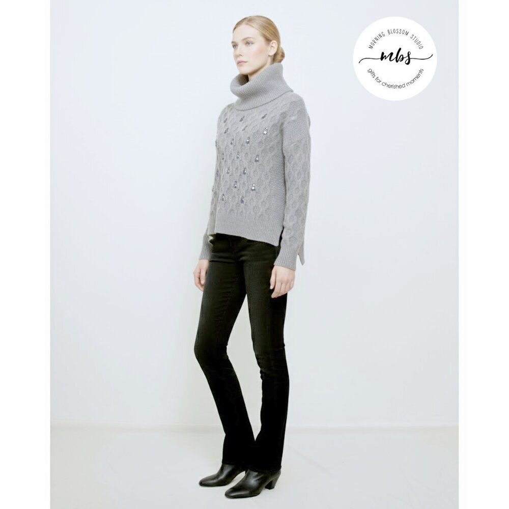 Markus Lupfer Cowl Neck Jewel Embellish Textured Wool Sweater Gray Women Size‎ S